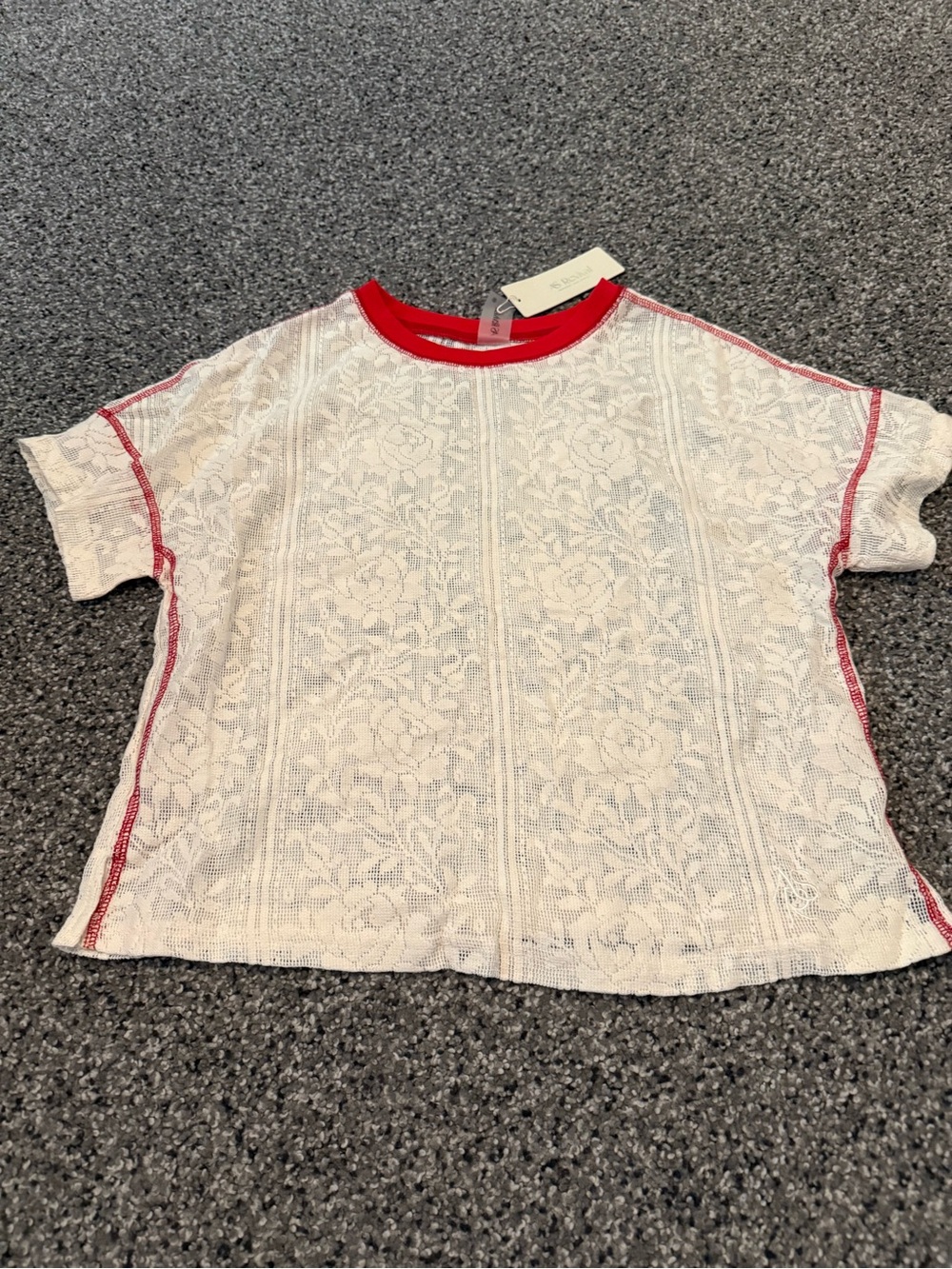 Altar'd State White Lace Short Sleeve Top with Red Trim